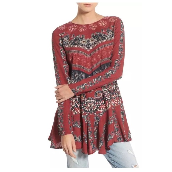 FREE PEOPLE Smooth Talker Boho Floral Print Open Back Long SLV Tunic/Dress SZ M - Picture 1 of 16
